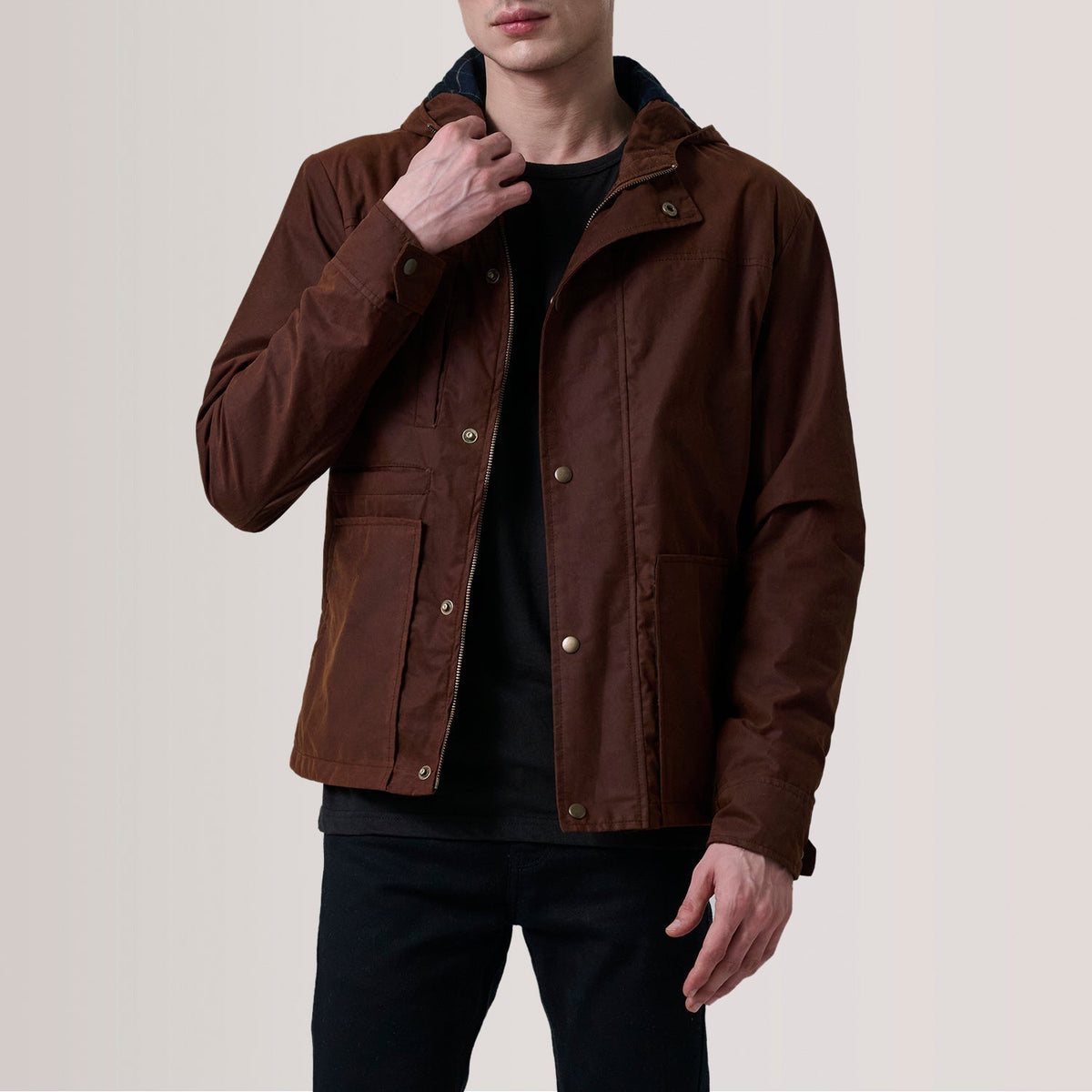 Marlo بني Canvas Hooded Work جاكيت جلد رجالي For Men in Brown Waxed Cotton Canvas - Front Profile View &amp; Tailored Silhouette | Buy Online