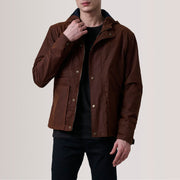 Marlo بني Canvas Hooded Work جاكيت جلد رجالي For Men in Brown Waxed Cotton Canvas - Front Profile View &amp; Tailored Silhouette | Buy Online