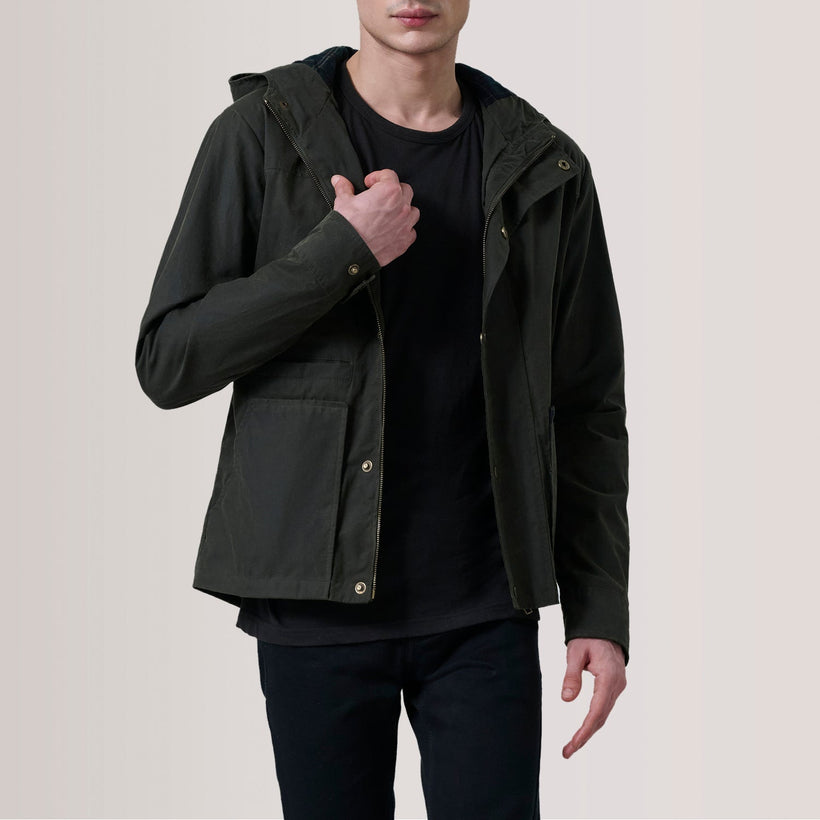 Marlo Olive Canvas Hooded Work جاكيت جلد رجالي