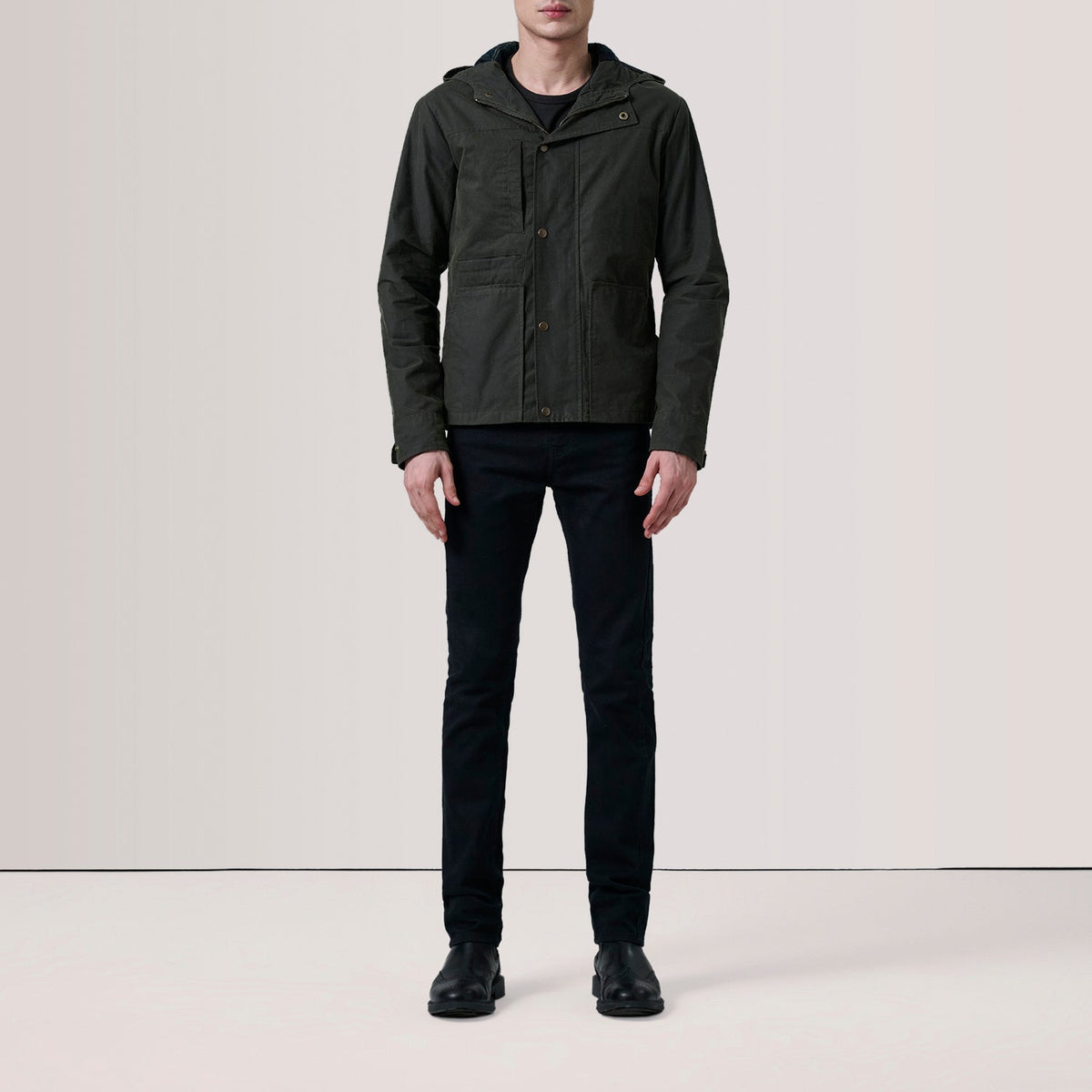 Olive Waxed Cotton Canvas Hooded Jacket - Back View Showing Tailored Shoulder Fit &amp; Clean Hemline