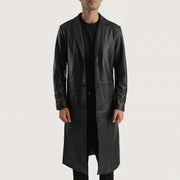 Mateo Black Leather Single Breasted Coat in Black Cowhide Leather - Front Profile View &amp; Tailored Silhouette | Buy Online