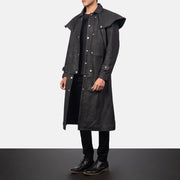 
Distressed Black Sheepskin Snuffed Trench Coat - عرض خلفي يوضح تفصيل الأكتاف المتقن والحاشية النظيفة
