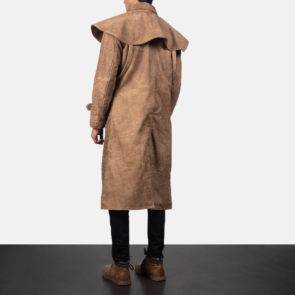 Men's Maverick بني Leather Duster رجالي - Lateral Side Profile View Showing Sleeve Cut &amp; Athletic Taper Fit