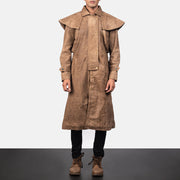 Close-Up Detail of Shirt &amp; Heavy-Duty Zipper Hardware on Men's Maverick بني Leather Duster رجالي