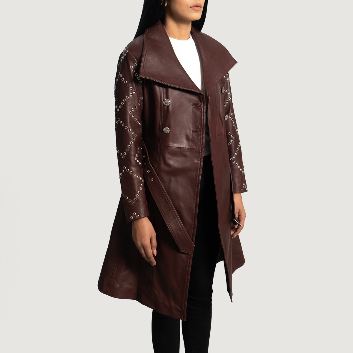 Women's Missoni عنابي معطف ترنش جلد نسائي - Lateral Side Profile View Showing Sleeve Cut &amp; Athletic Taper Fit
