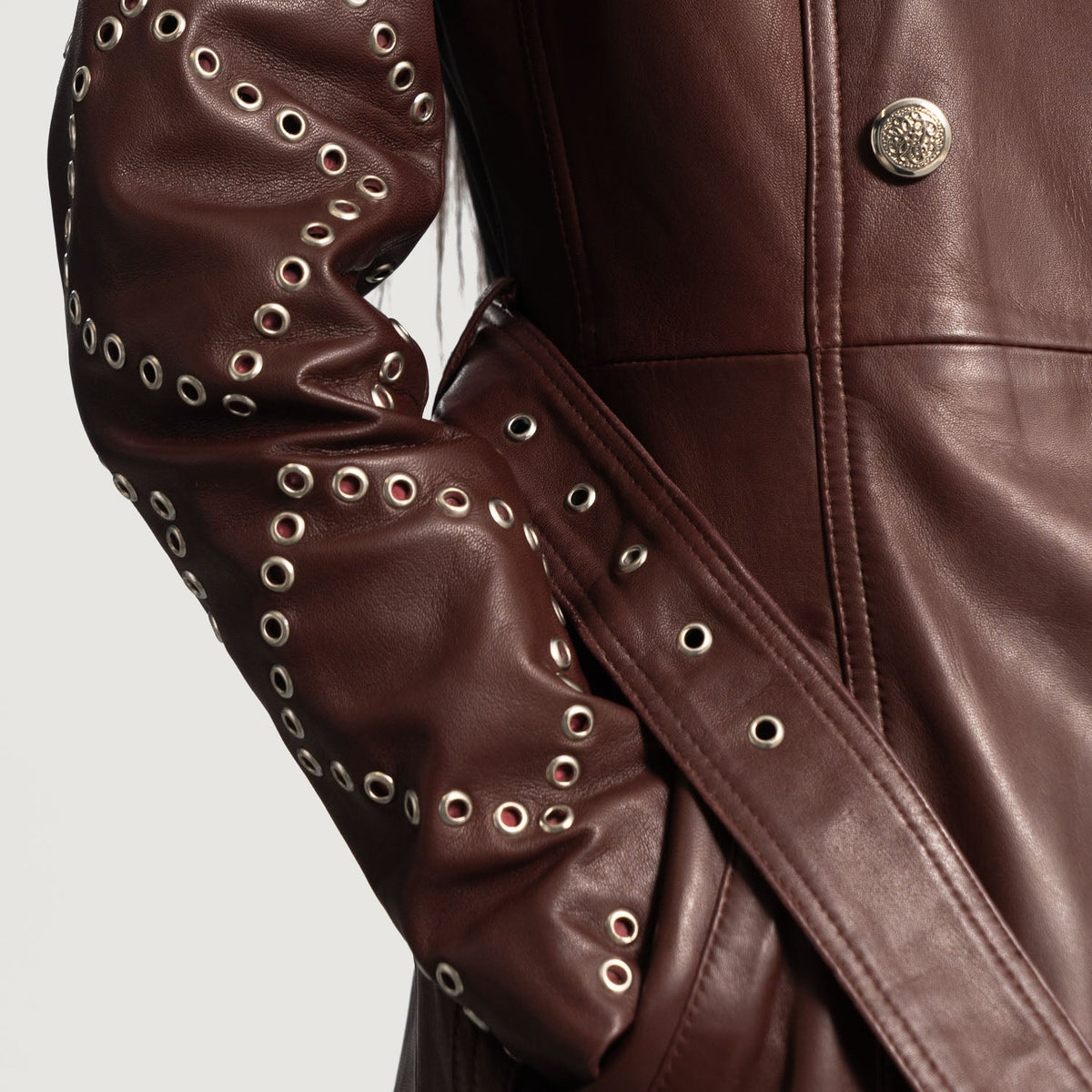 Close-Up Detail of Notch & Button & Waist belt Hardware on Women's Missoni Maroon Leather Trench Coat