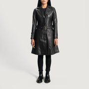 Women's Moonlight أسود معطف ترنش جلد نسائي - Lateral Side Profile View Showing Sleeve Cut &amp; Athletic Taper Fit