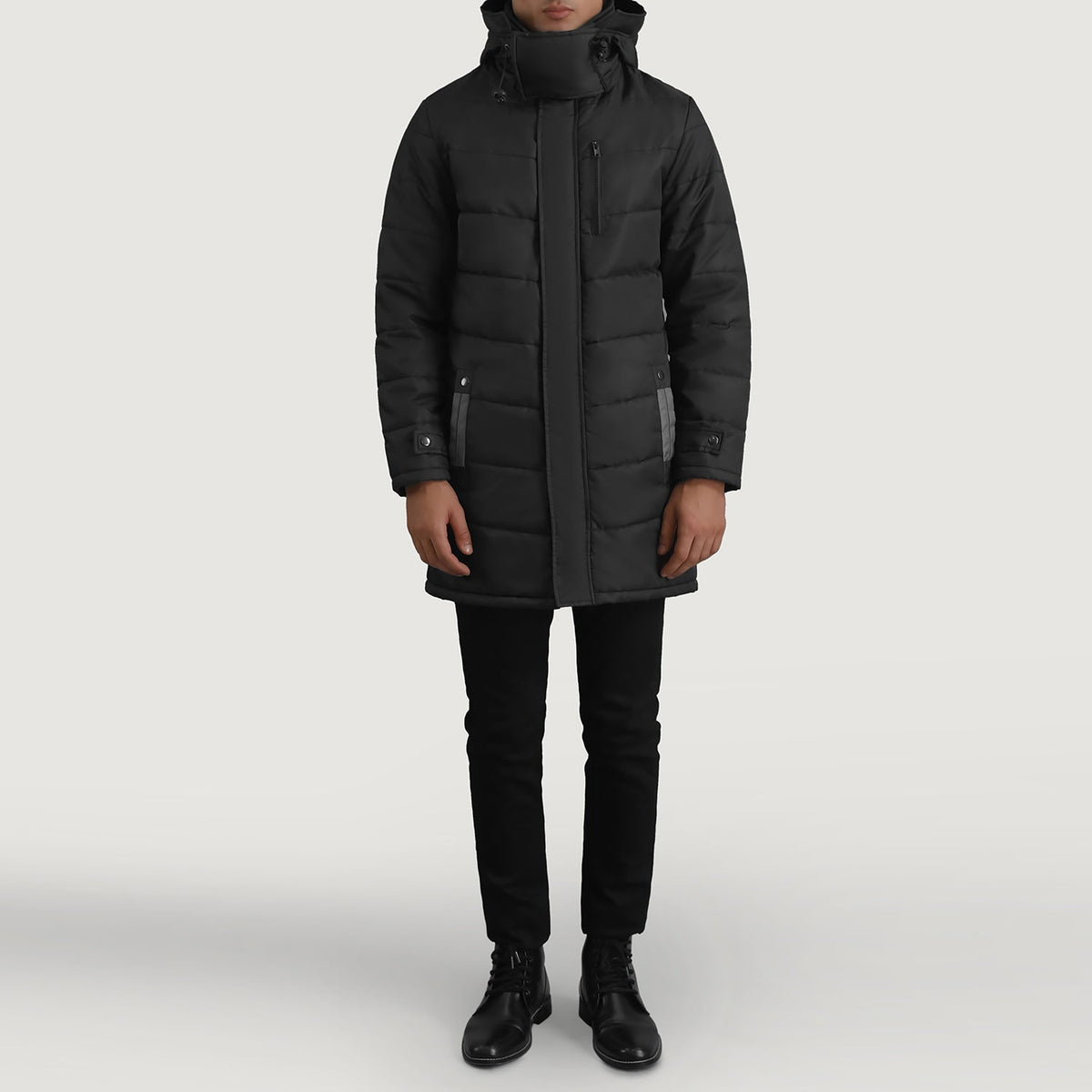 
Moore أسود Hooded Parka رجالي - عرض جانبي يوضح قَصّة الأكمام المريحة
