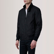 Morrison أسود Canvas جاكيت بومبر جلد رجالي For Men - Lateral Side Profile View Showing Sleeve Cut &amp; Athletic Taper Fit