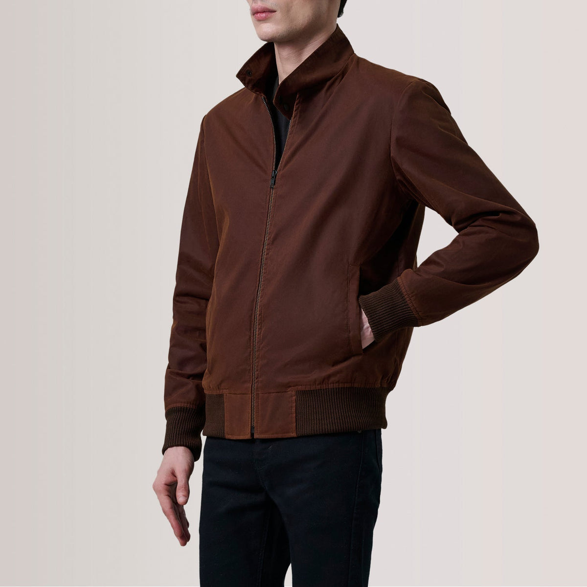 Morrison بني Canvas جاكيت بومبر جلد رجالي For Men - Lateral Side Profile View Showing Sleeve Cut &amp; Athletic Taper Fit