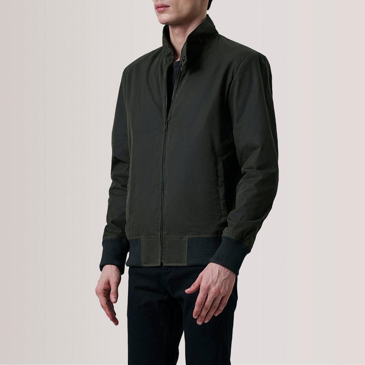 Morrison Olive Canvas Bomber Jacket For Men - Lateral Side Profile View Showing Sleeve Cut & Athletic Taper Fit