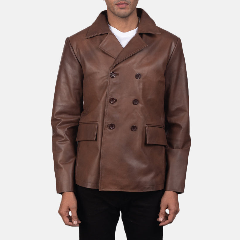 Mr. Bailey Brown Leather Naval Peacoat in Brown Cowhide Leather - Front Profile View & Tailored Silhouette | Buy Online