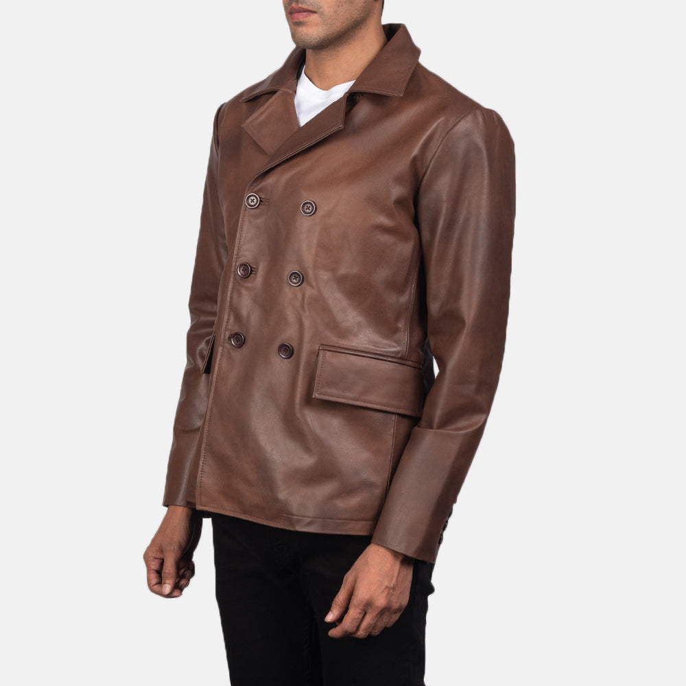 
Brown Cowhide leather Blazer - عرض خلفي يوضح تفصيل الأكتاف المتقن والحاشية النظيفة