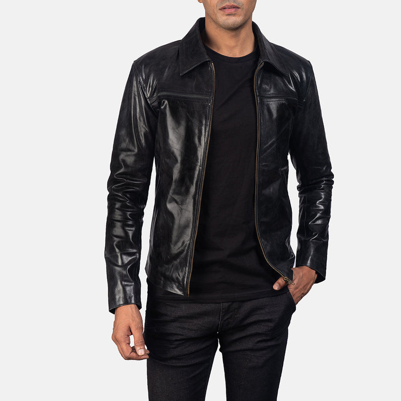 Men's Mystical Black Leather Jacket in Black Cowhide Leather - Front Profile View & Tailored Silhouette | Buy Online