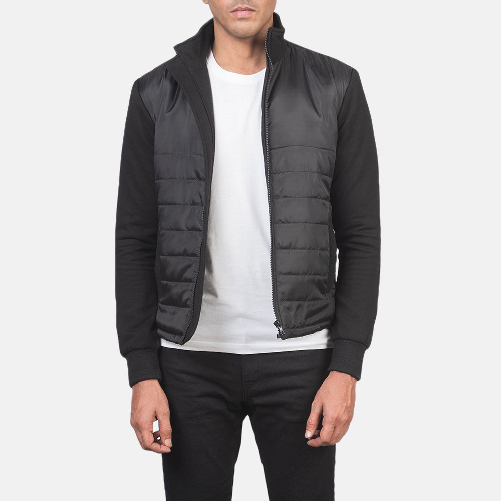 Men's Nashville مبطن أسود Windbreaker جاكيت جلد رجالي in Black Polyester (Torso) &amp;Amp; Knitted Fabric (Sleeves) - Front Profile View &amp; Tailored Silhouette | Buy Online