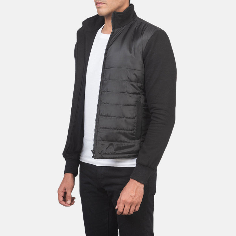 Black Polyester (Torso) &Amp; Knitted Fabric (Sleeves) Winter Jacket - Back View Showing Tailored Shoulder Fit & Clean Hemline