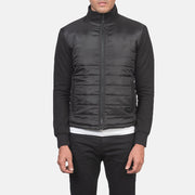 Close-Up Detail of High Neck &amp; Zipper with wind flap Hardware on Men's Nashville مبطن أسود Windbreaker جاكيت جلد رجالي