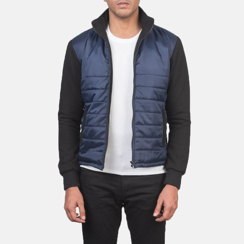Men's Nashville Quilted Blue Windbreaker Jacket in Blue & Black Nylon (Torso) &Amp; Knitted Fabric (Sleeves) - Front Profile View & Tailored Silhouette | Buy Online