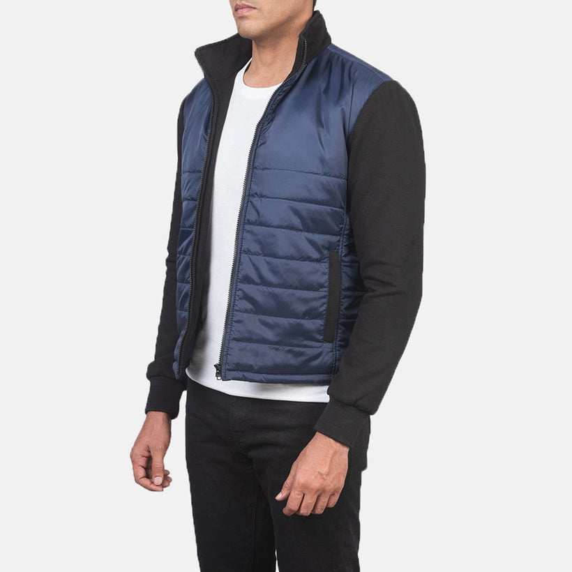 Blue & Black Nylon (Torso) &Amp; Knitted Fabric (Sleeves) Winter Jacket - Back View Showing Tailored Shoulder Fit & Clean Hemline