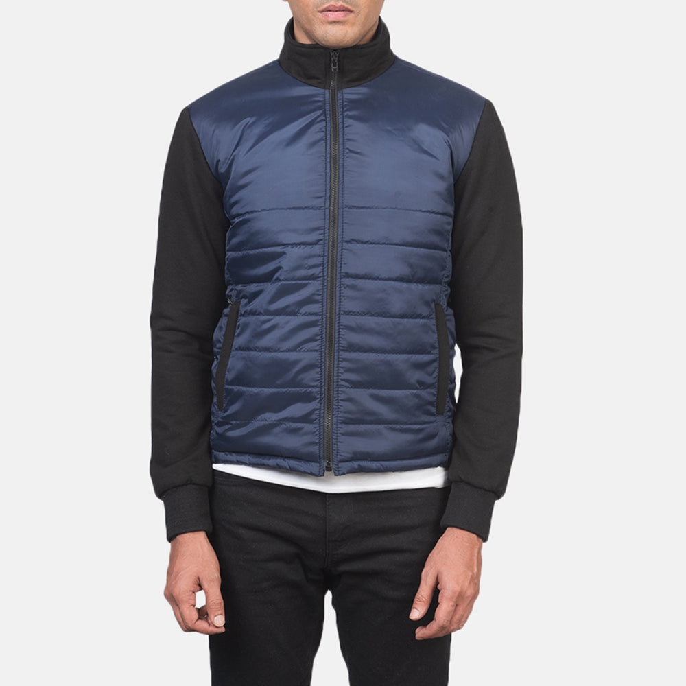 Close-Up Detail of High Neck &amp; Zipper with wind flap Hardware on Men's Nashville مبطن أزرق Windbreaker جاكيت جلد رجالي