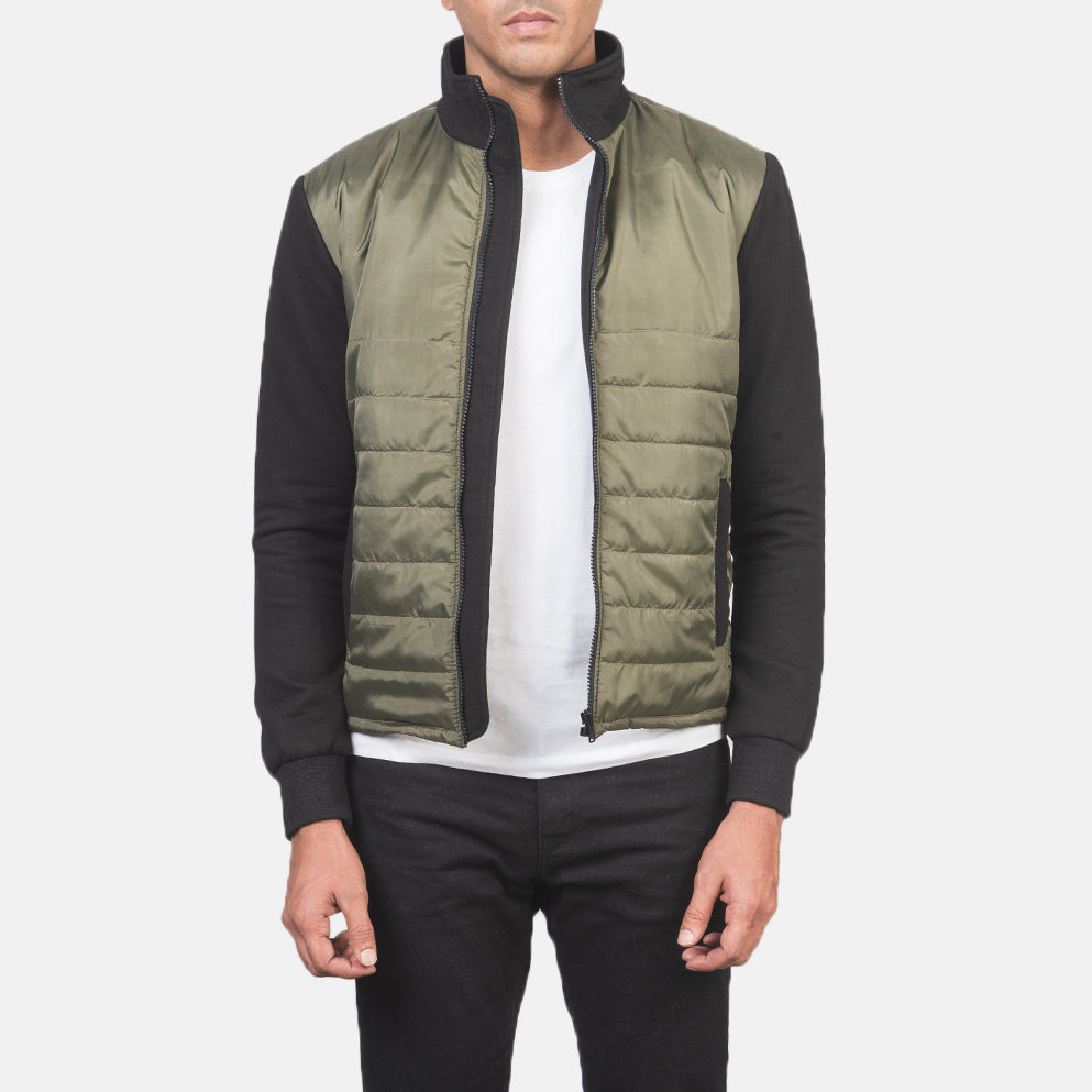 Men's Nashville مبطن أخضر Windbreaker جاكيت جلد رجالي in Green &amp; Black Nylon (Torso) &amp;Amp; Knitted Fabric (Sleeves) - Front Profile View &amp; Tailored Silhouette | Buy Online