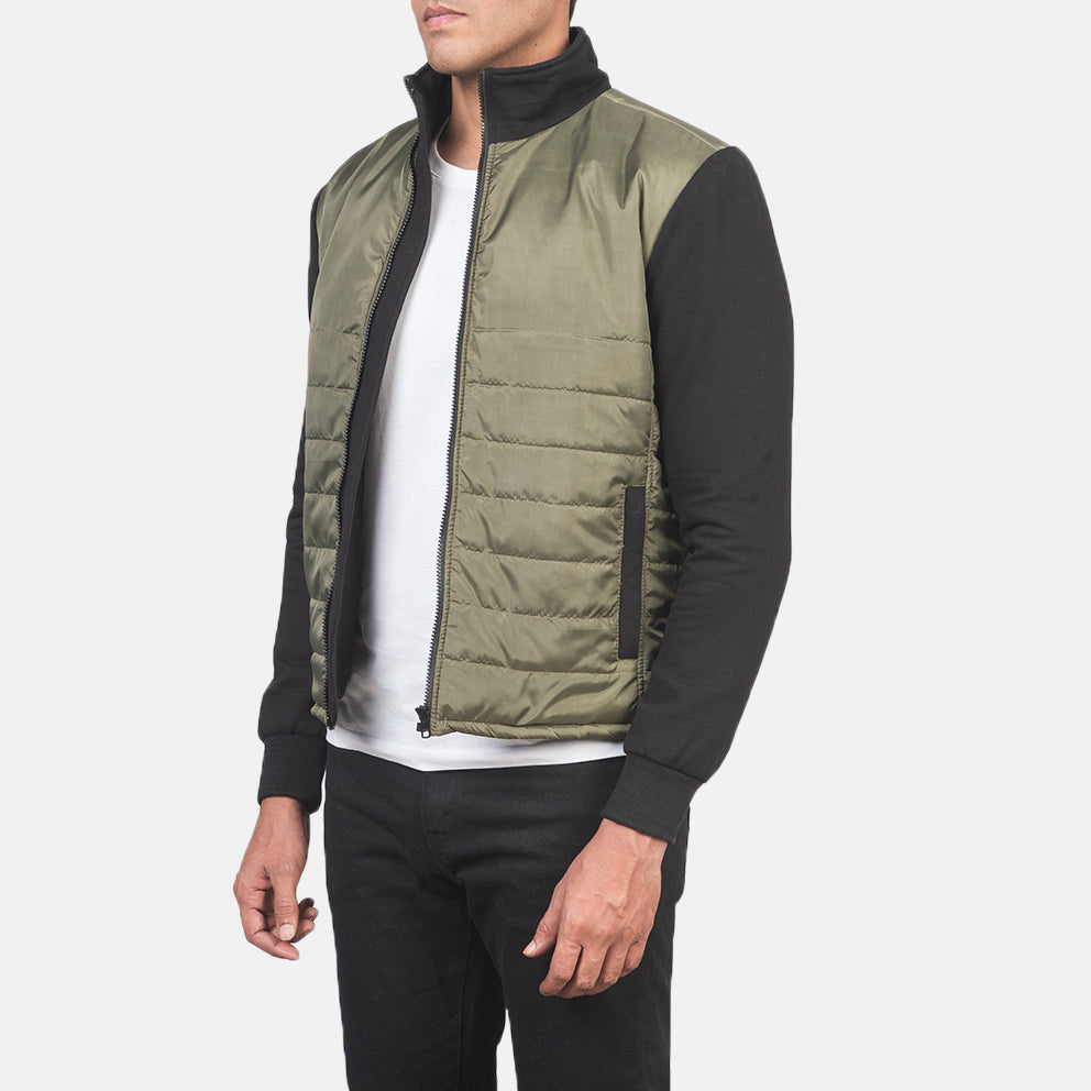 Green &amp; Black Nylon (Torso) &amp;Amp; Knitted Fabric (Sleeves) Winter Jacket - Back View Showing Tailored Shoulder Fit &amp; Clean Hemline