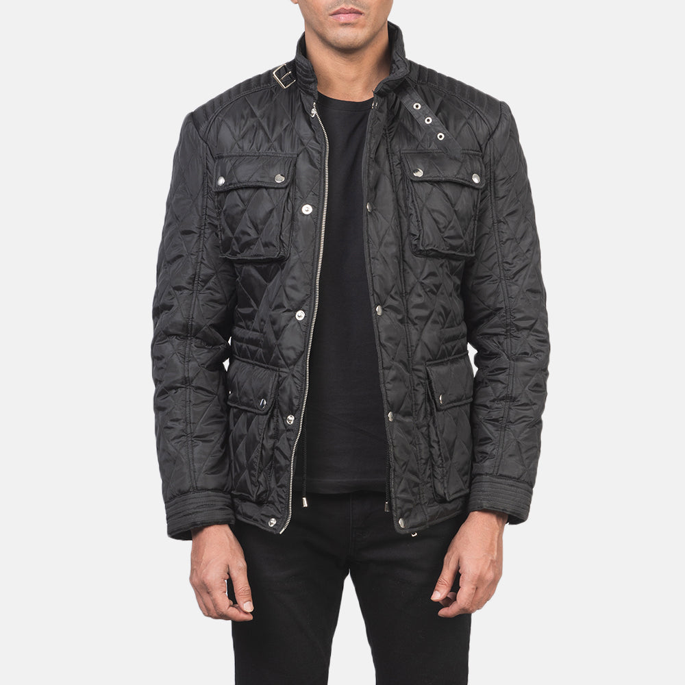 Men's Nelson Quilted Black Windbreaker Jacket in Black Polyester - Front Profile View & Tailored Silhouette | Buy Online