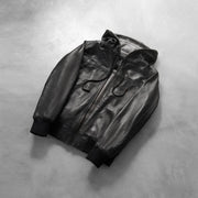 Rib knit &amp; Hem Craftsmanship Construction Detail on Men's Nintenzo Black Hooded Leather Jacket