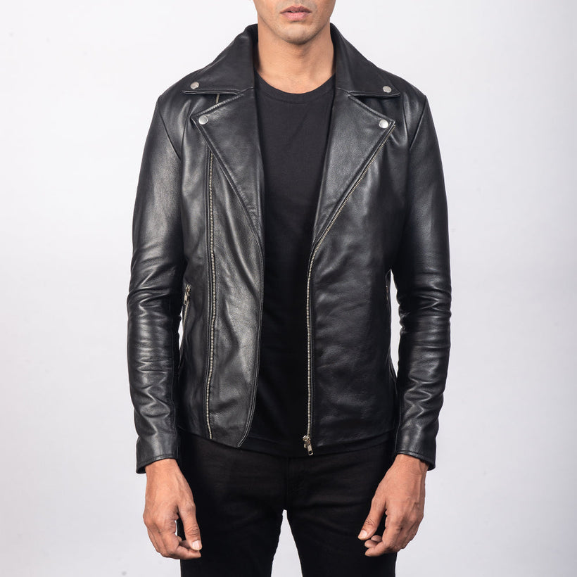 Men's Noah Black Leather Biker Jacket in Black Sheepskin Leather - Front Profile View & Tailored Silhouette | Buy Online