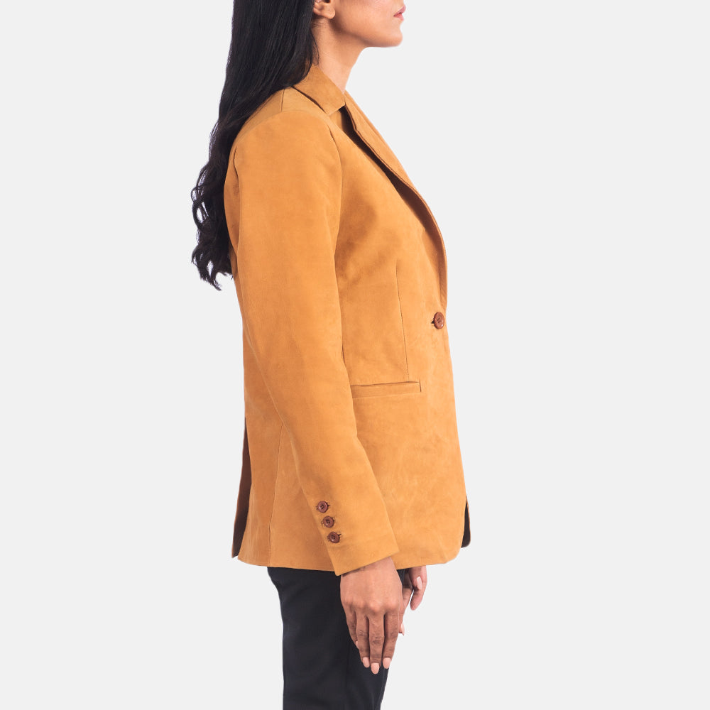 Brown Cowhide Nubuck Leather Blazer - Back View Showing Tailored Shoulder Fit &amp; Clean Hemline