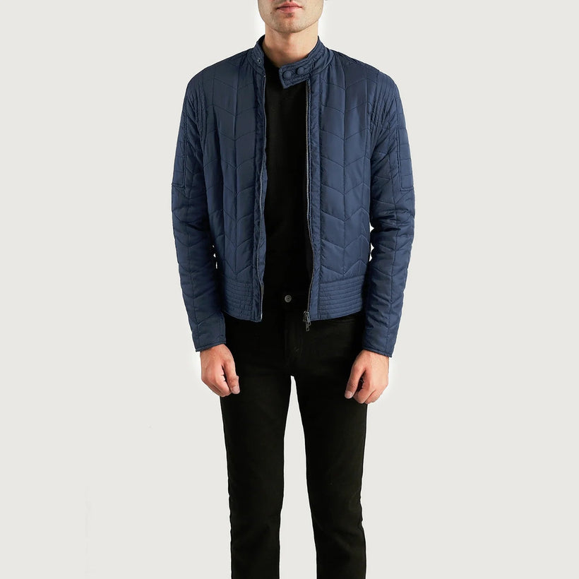 Men's Nyle Quilted Windbreaker Jacket in Navy Blue Nylon - Front Profile View & Tailored Silhouette | Buy Online
