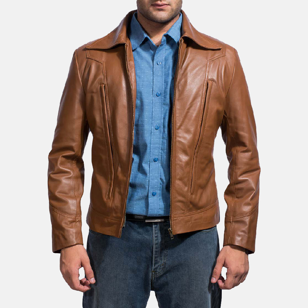 Old School بني جاكيت جلد رجالي in Brown Sheepskin Leather - Front Profile View &amp; Tailored Silhouette | Buy Online