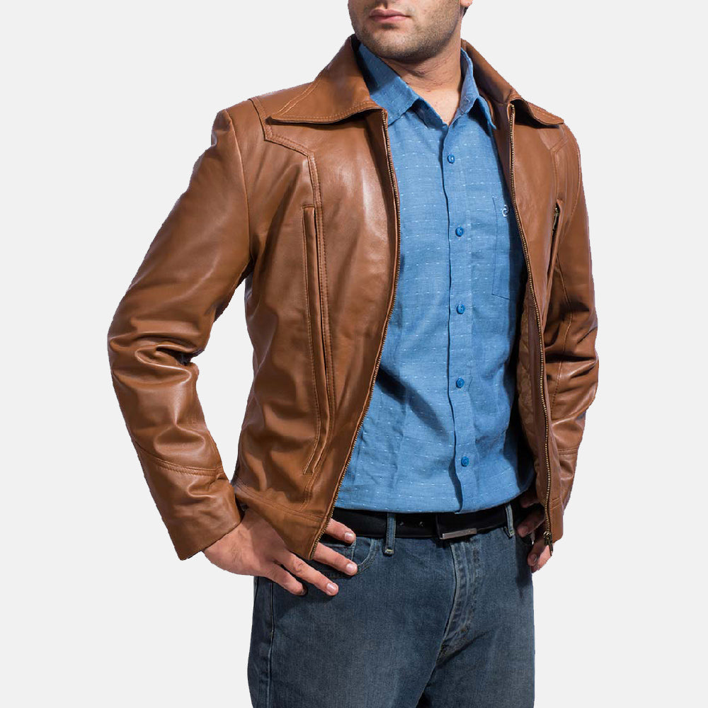 Old School بني جاكيت جلد رجالي - Lateral Side Profile View Showing Sleeve Cut &amp; Athletic Taper Fit