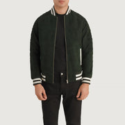 Pascal أخضر Suede Varsity جاكيت جلد رجالي in Green Goatskin Suede - Front Profile View &amp; Tailored Silhouette | Buy Online