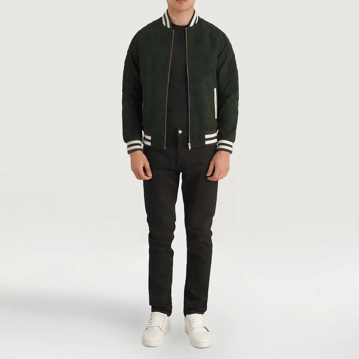 Pascal أخضر Suede Varsity جاكيت جلد رجالي - Lateral Side Profile View Showing Sleeve Cut &amp; Athletic Taper Fit