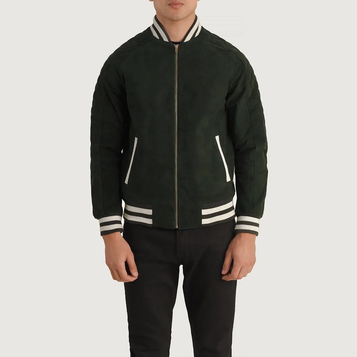 Close-Up Detail of Varsity collar &amp; Zipper Hardware on Pascal أخضر Suede Varsity جاكيت جلد رجالي