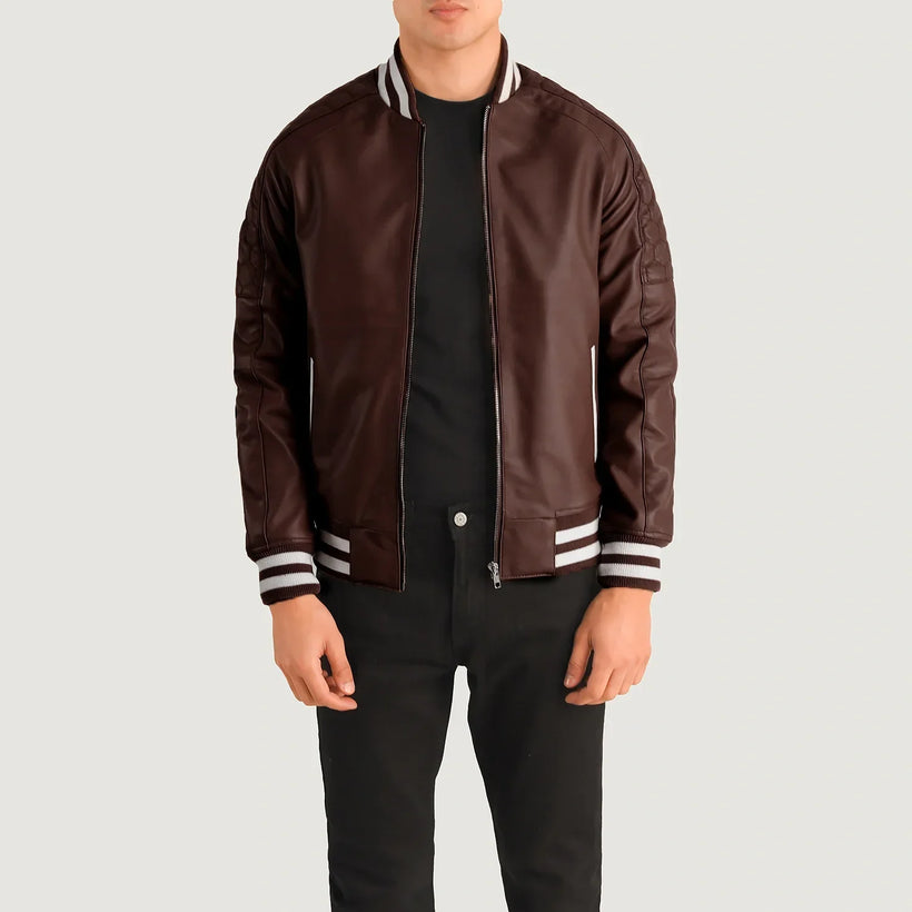Pascal عنابي Leather Varsity جاكيت جلد رجالي