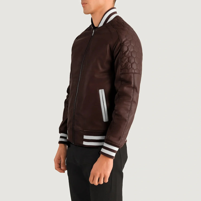 Pascal عنابي Leather Varsity جاكيت جلد رجالي
