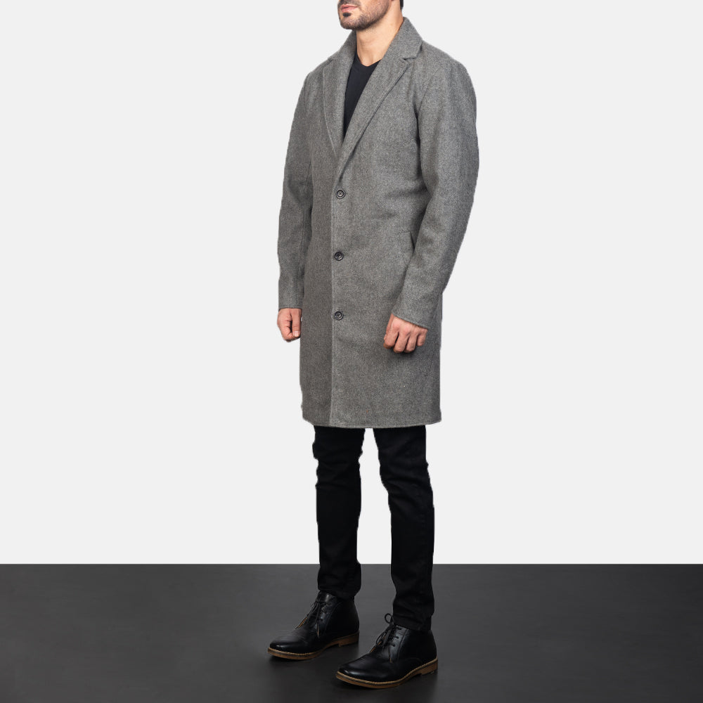 
Grey Synthetic Wool Trench Coat - عرض خلفي يوضح تفصيل الأكتاف المتقن والحاشية النظيفة