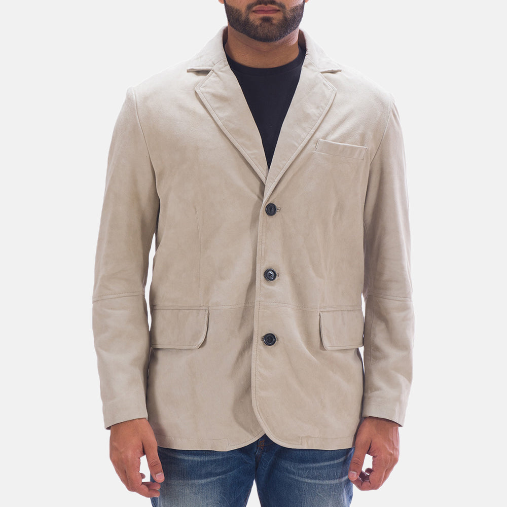Men's Professor By Day Suede بليزر جلد رجالي in Off White (Greyish) Goatskin Suede - Front Profile View &amp; Tailored Silhouette | Buy Online