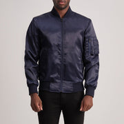 Quinton MA-1 أزرق جاكيت بومبر جلد رجالي in Blue Satin - Front Profile View &amp; Tailored Silhouette | Buy Online