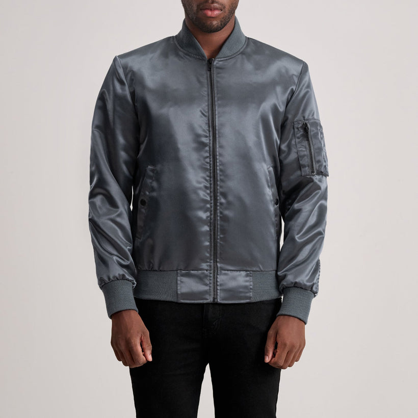 Quinton MA-1 Grey Bomber Jacket in Grey Satin - Front Profile View & Tailored Silhouette | Buy Online