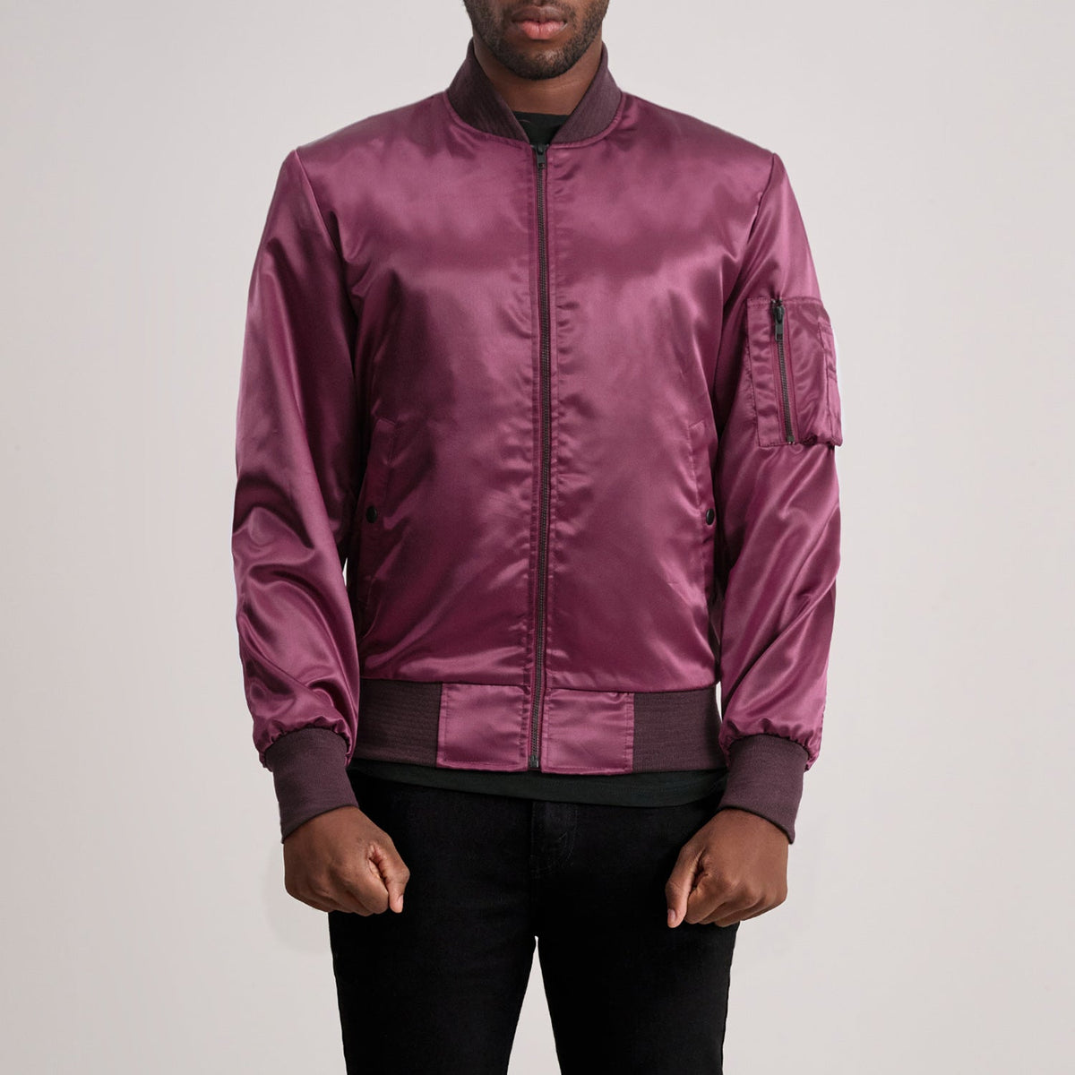 Quinton MA-1 عنابي جاكيت بومبر جلد رجالي in Maroon Satin - Front Profile View &amp; Tailored Silhouette | Buy Online