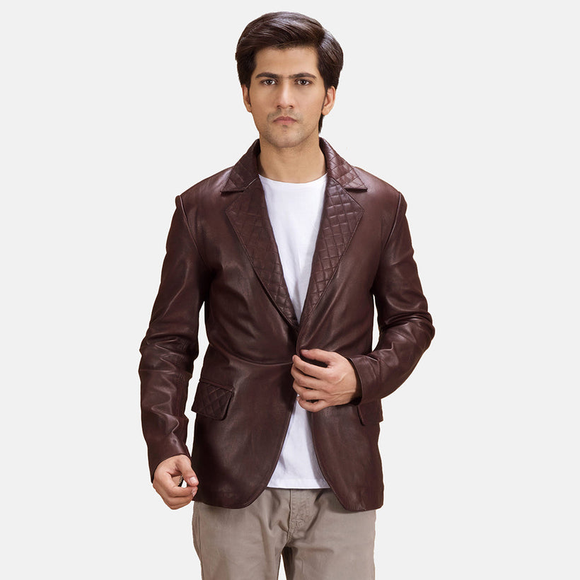 Radaron Quilted Maroon Leather Blazer in Maroon Sheepskin Leather - Front Profile View & Tailored Silhouette | Buy Online