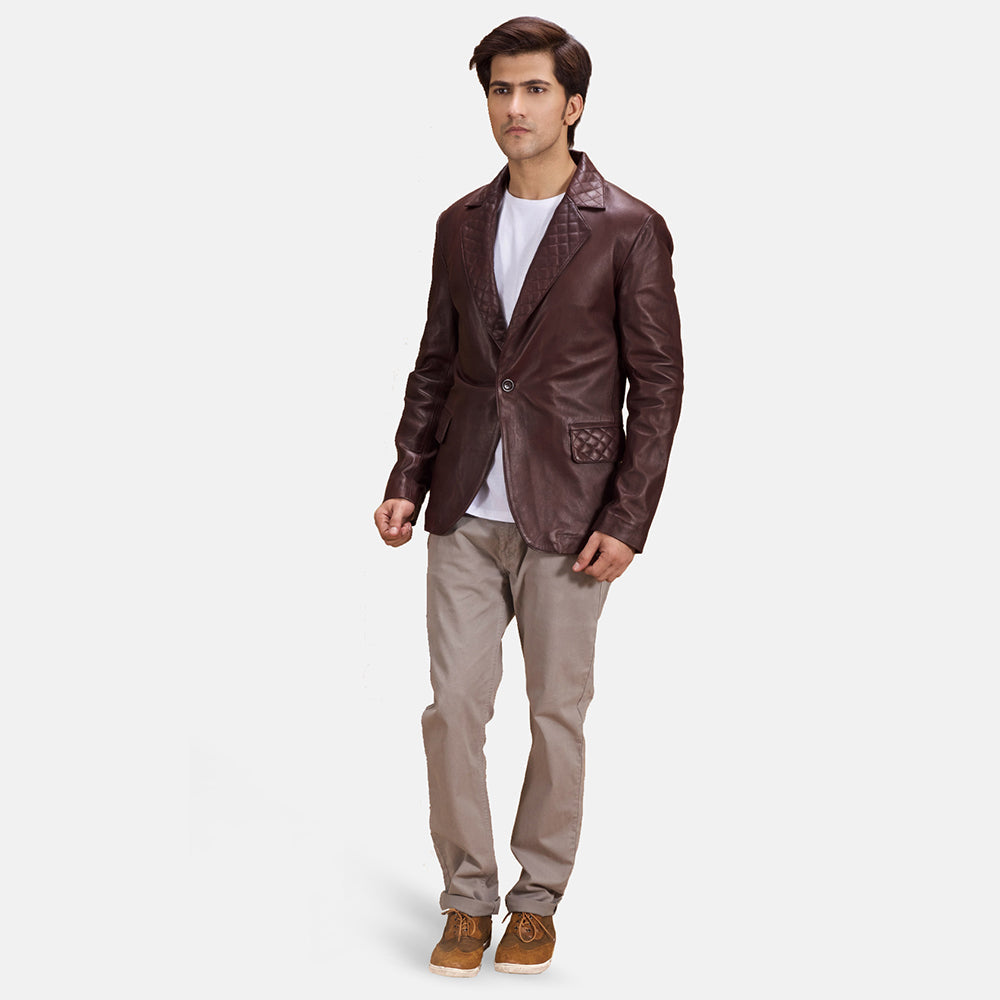Radaron مبطن عنابي بليزر جلد رجالي - Lateral Side Profile View Showing Sleeve Cut &amp; Athletic Taper Fit