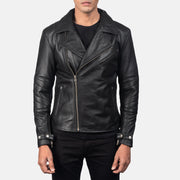 Close-Up Detail of Notch &amp; Zipper Hardware on Men's Raiden Black Leather Biker Jacket