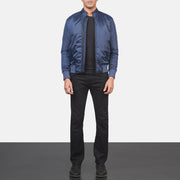 Men's Ramon أزرق جاكيت بومبر جلد رجالي - Lateral Side Profile View Showing Sleeve Cut &amp; Athletic Taper Fit