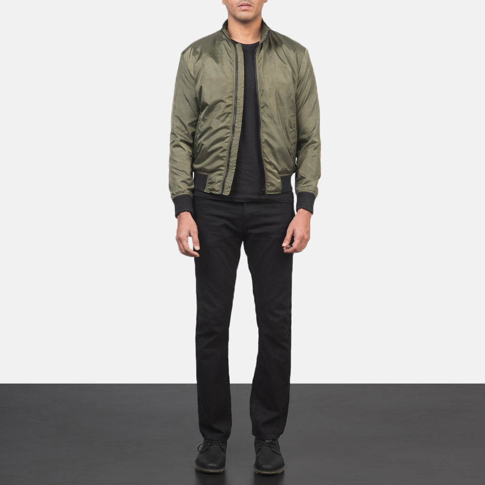 Men's Ramon أخضر جاكيت بومبر جلد رجالي - Lateral Side Profile View Showing Sleeve Cut &amp; Athletic Taper Fit