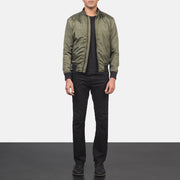 Men's Ramon أخضر جاكيت بومبر جلد رجالي - Lateral Side Profile View Showing Sleeve Cut &amp; Athletic Taper Fit
