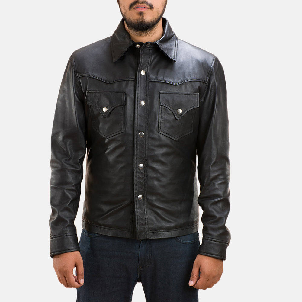 
Black Sheepskin leather Jacket - عرض خلفي يوضح تفصيل الأكتاف المتقن والحاشية النظيفة